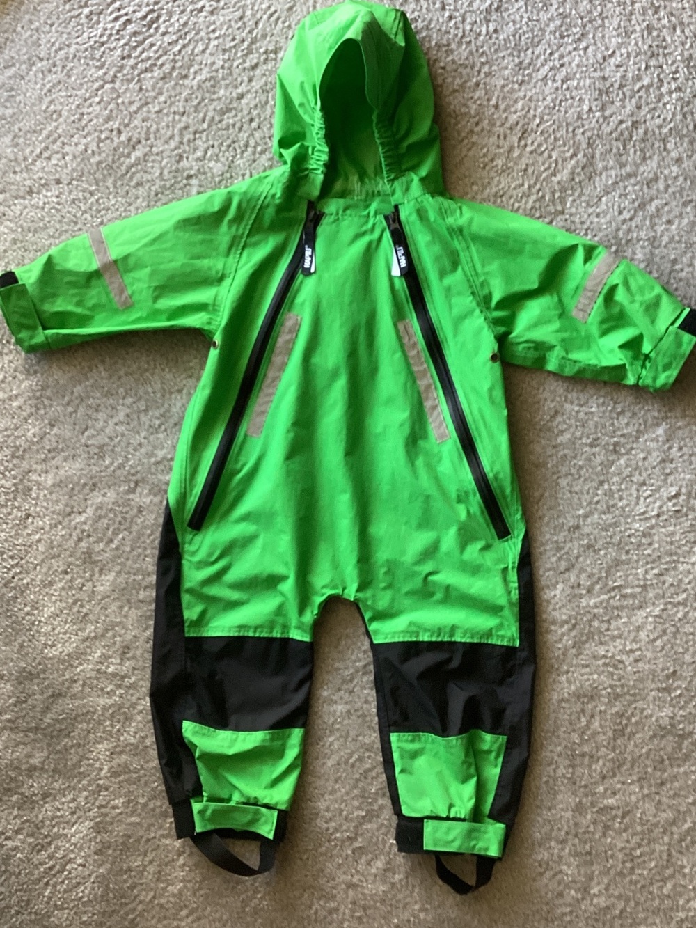 Kids Waterproof One-Piece Snowsuit in Bright Green and Black